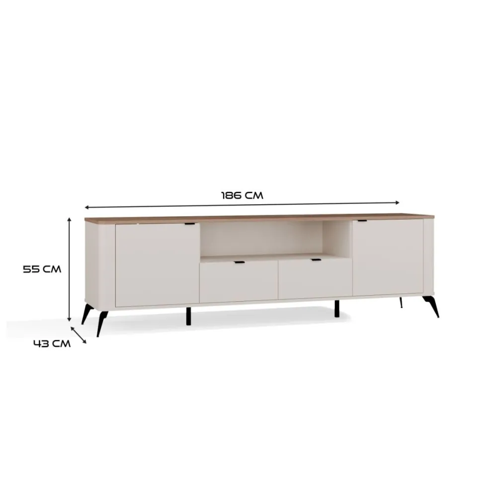 Mobile tv grande 186 cm con ante e cassetti cashmere e rovere PTVT3