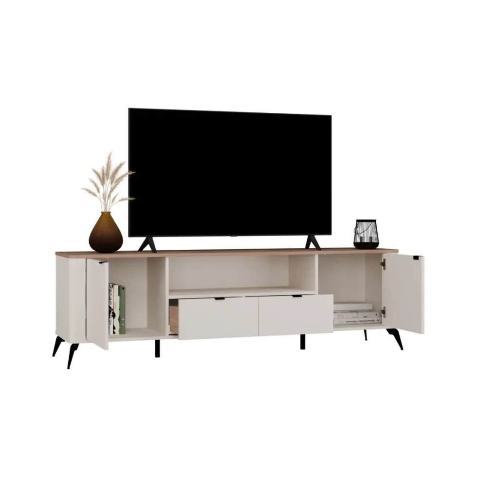 Mobile tv grande 186 cm con ante e cassetti cashmere e rovere PTVT3