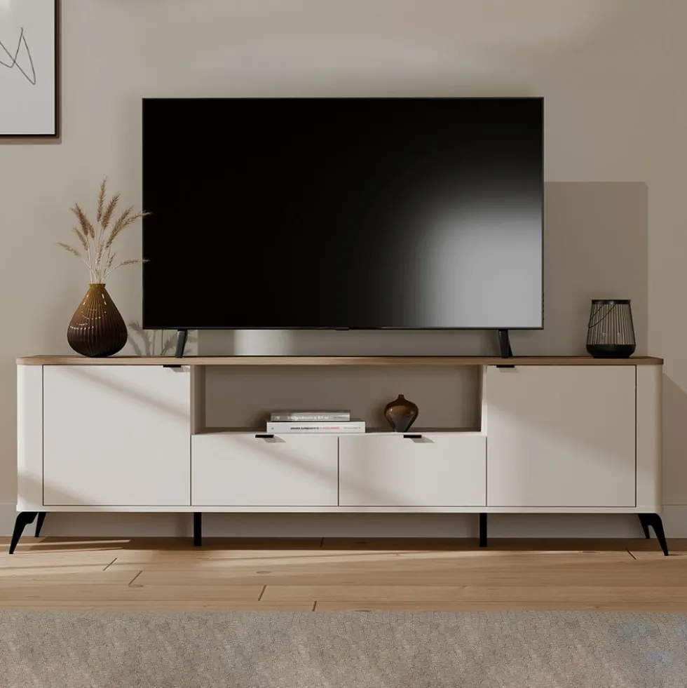 Mobile tv grande 186 cm con ante e cassetti cashmere e rovere PTVT3