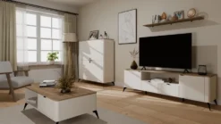 Mobile tv grande 186 cm con ante e cassetti cashmere e rovere PTVT3