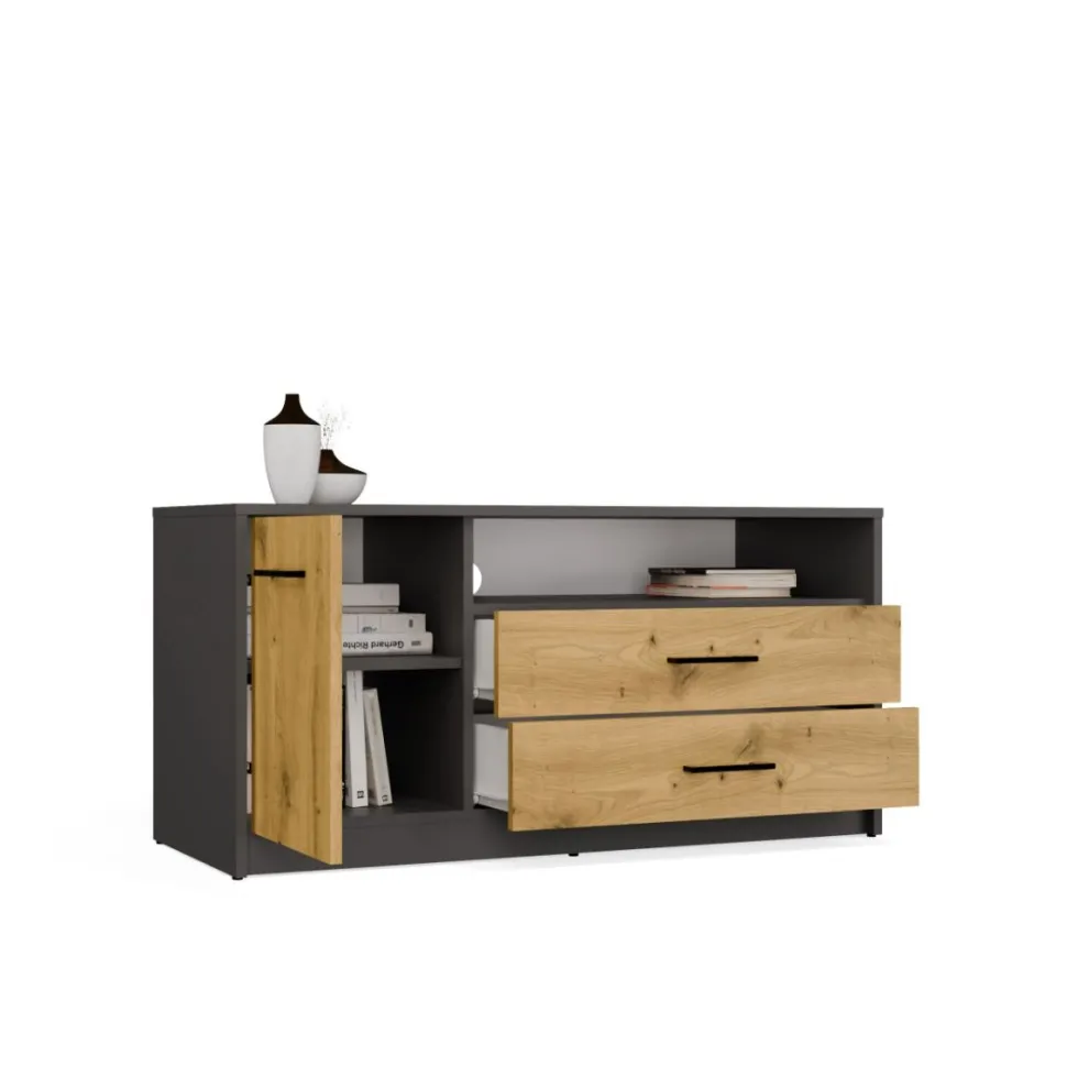 Mobile tv minimal 109x53 cm con anta e cassetti rovere e antracite PTVT6