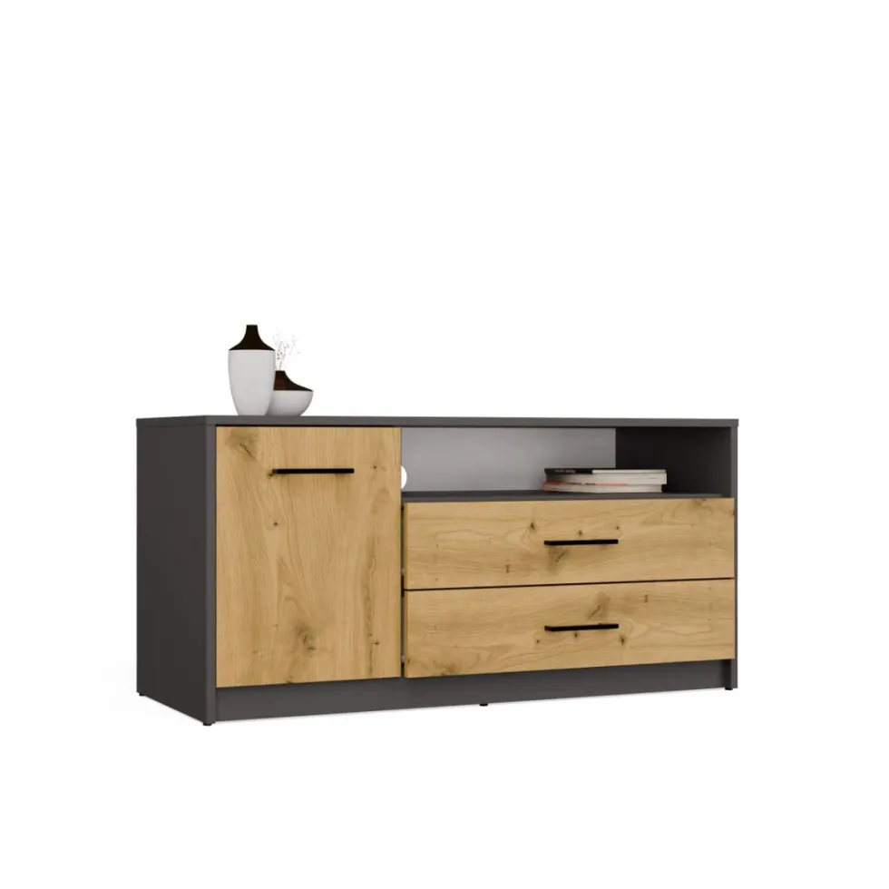 Mobile tv minimal 109x53 cm con anta e cassetti rovere e antracite PTVT6