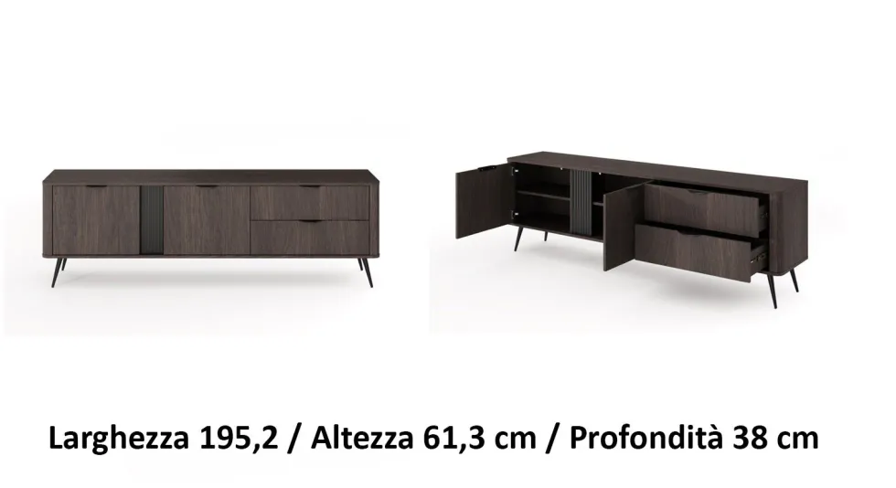 Mobile tv moderno 195x61 cm con 2 cassetti e 2 ante battenti in quercia scuro PTVLK33