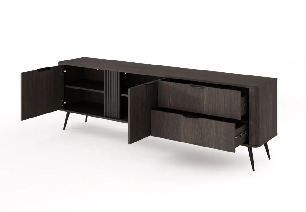 Mobile tv moderno 195x61 cm con 2 cassetti e 2 ante battenti in quercia scuro PTVLK33