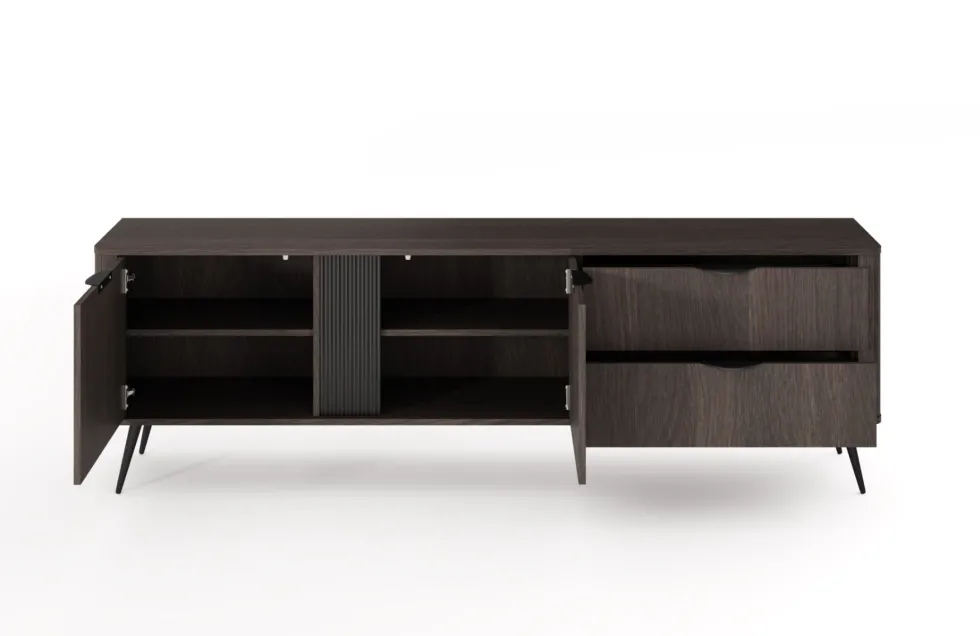 Mobile tv moderno 195x61 cm con 2 cassetti e 2 ante battenti in quercia scuro PTVLK33