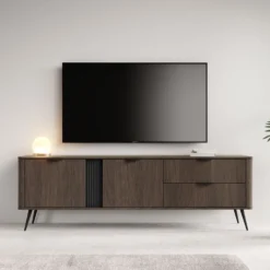 Mobile tv moderno 195x61 cm con 2 cassetti e 2 ante battenti in quercia scuro PTVLK33