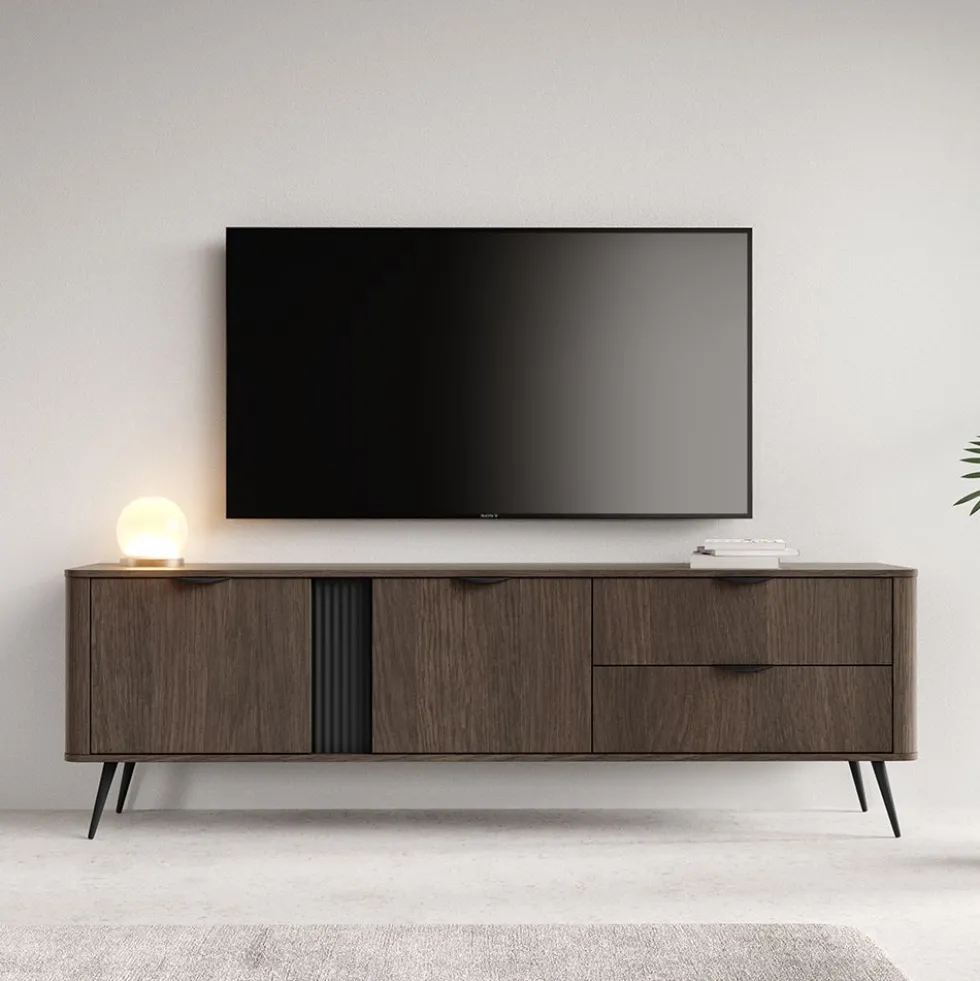 Mobile tv moderno 195x61 cm con 2 cassetti e 2 ante battenti in quercia scuro PTVLK33