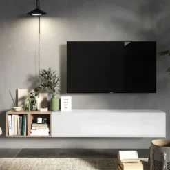 Mobile TV sospeso con vani a giorno 194x29 cm bianco lucido e rovere PTL28