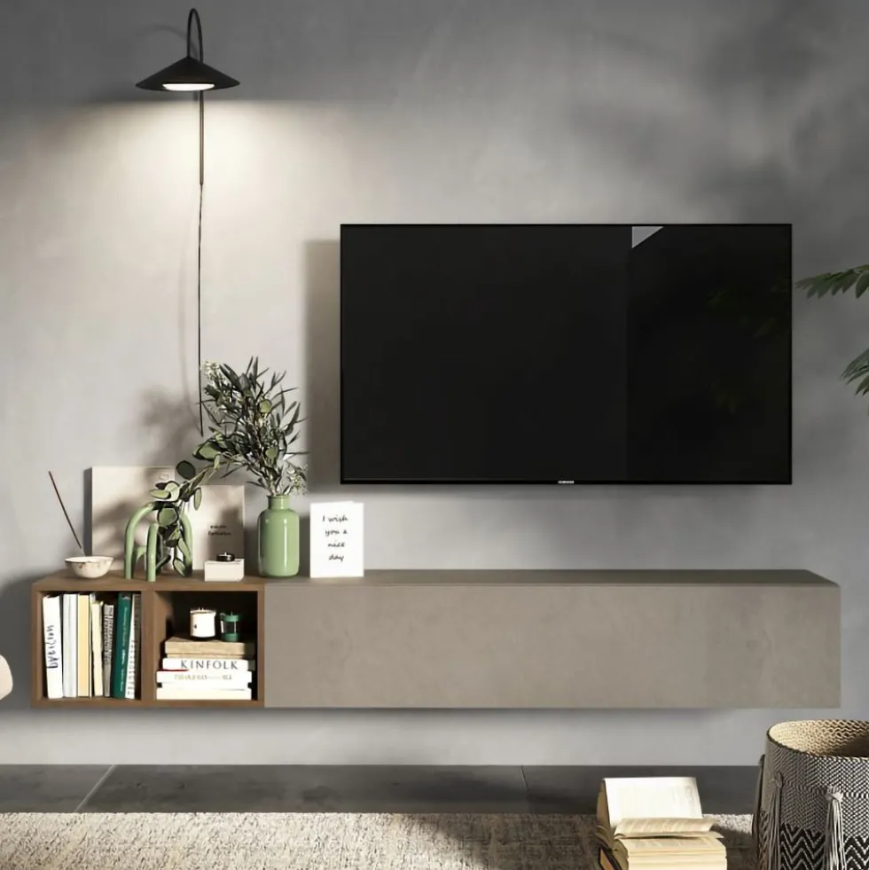 Mobile TV sospeso con vani a giorno 194x29 cm argilla e noce PTL28