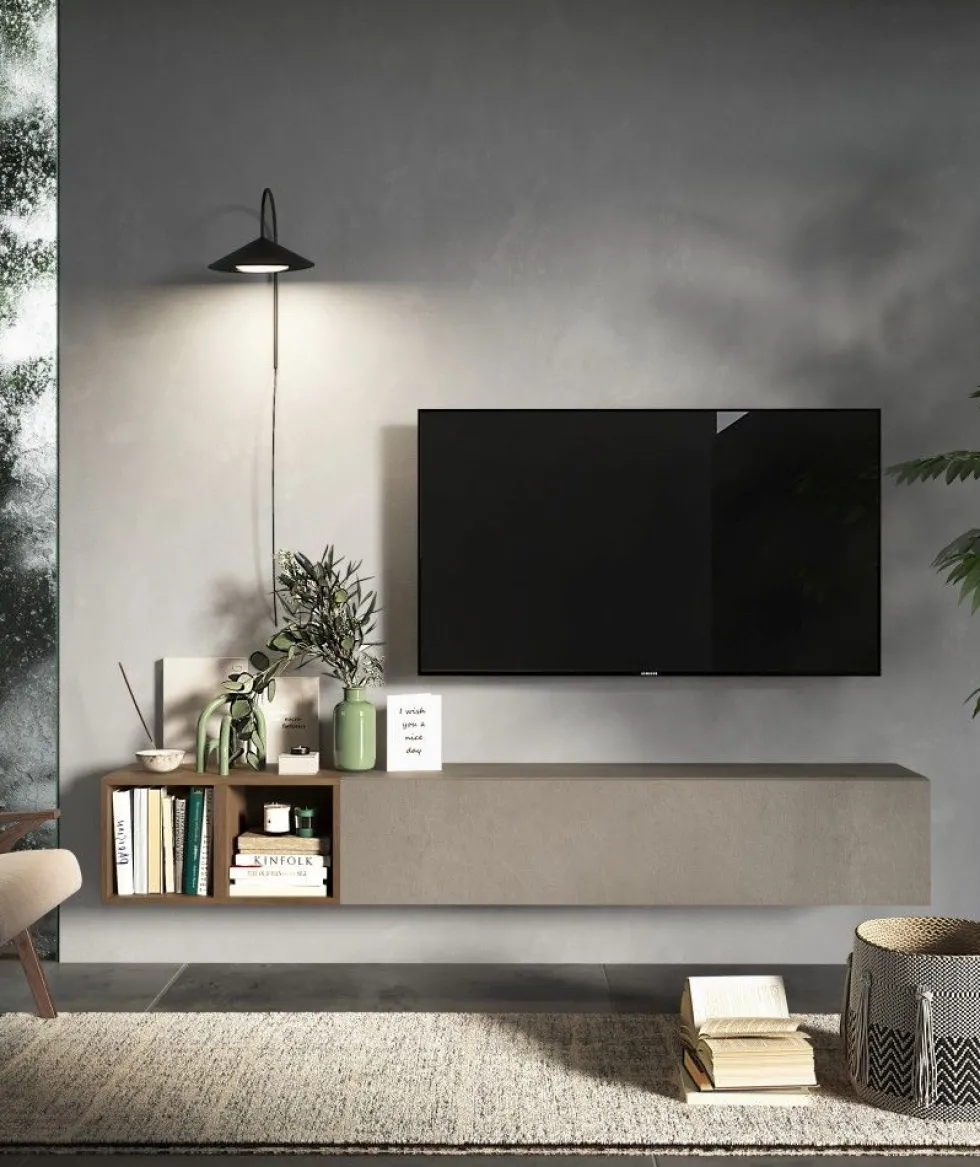 Mobile TV sospeso con vani a giorno 194x29 cm argilla e noce PTL28