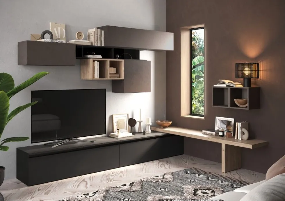 Parete attrezzata angolare 276x200 cm bronzo, rovere e grafite PAL52