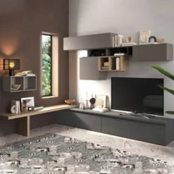 Parete attrezzata angolare 276x200 cm argilla, rovere e piombo PAL52