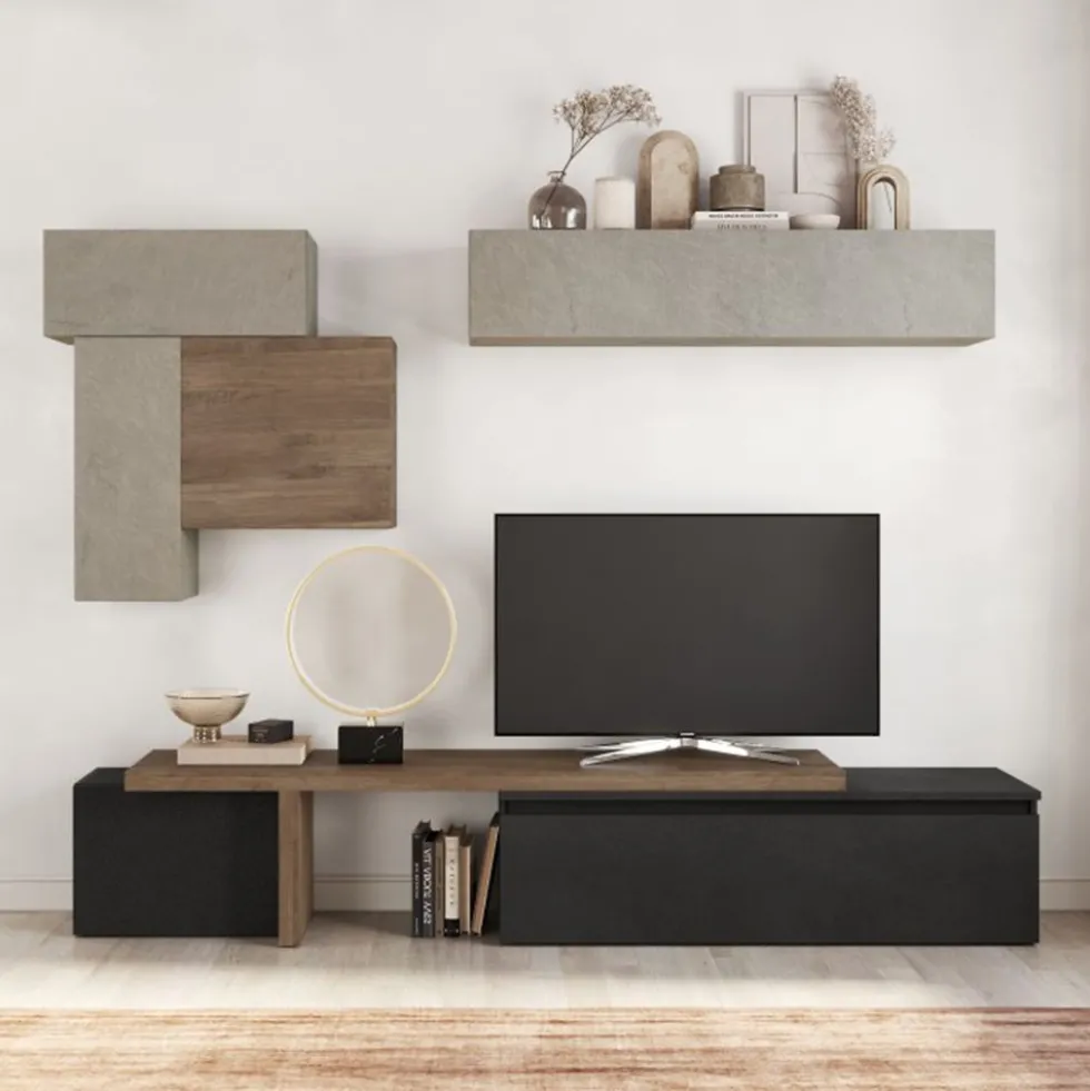 Parete attrezzata componibile 280x180 cm argilla, grafite e noce PAL42