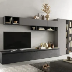Parete attrezzata con libreria 387x186 cm grigio e piombo PAL50