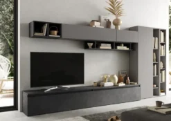 Parete attrezzata con libreria 387x186 cm grigio e piombo PAL50
