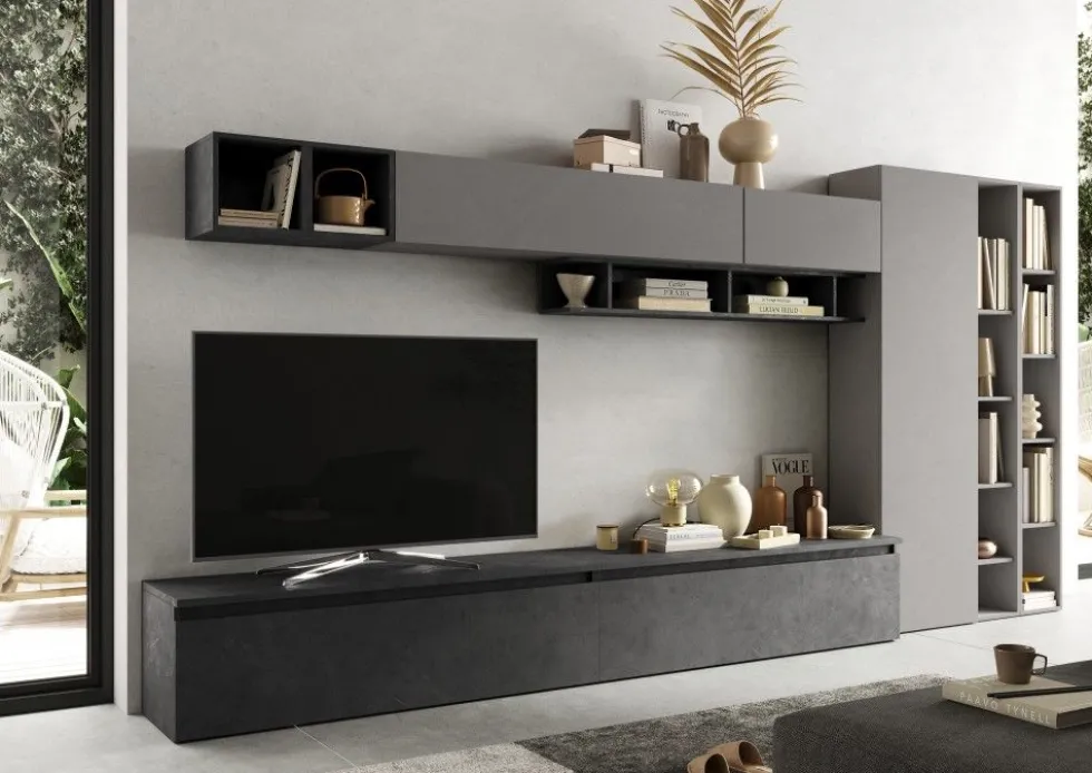 Parete attrezzata con libreria 387x186 cm grigio e piombo PAL50