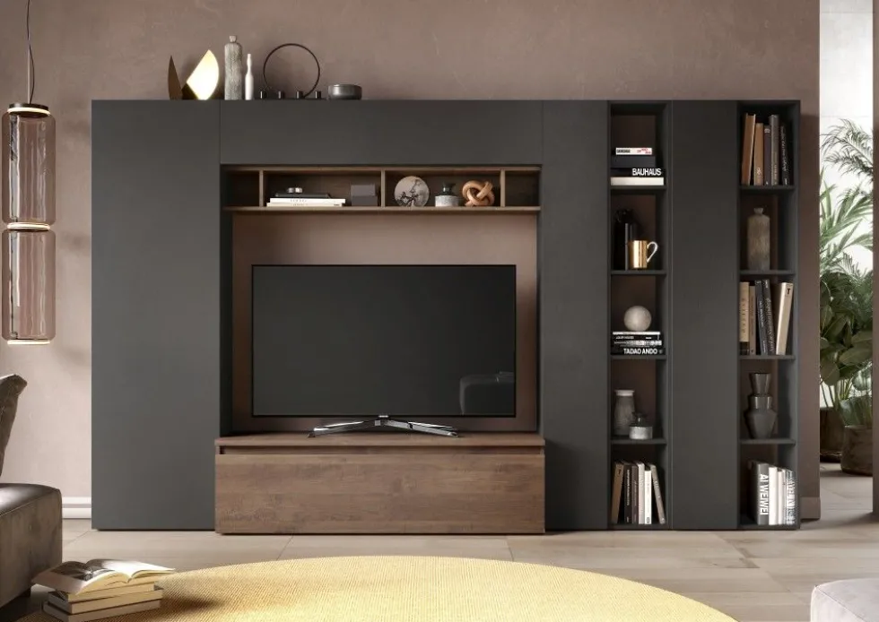 Parete attrezzata con libreria 305x186 cm grafite e noce PAL43