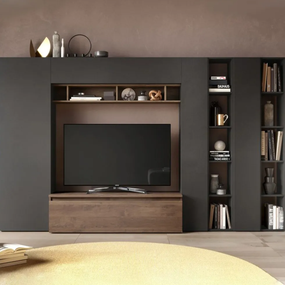 Parete attrezzata con libreria 305x186 cm grafite e noce PAL43
