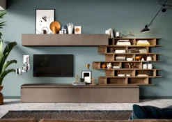 Parete attrezzata con libreria sospesa 345x164 cm bronzo e noce PAL21