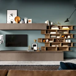 Parete attrezzata con libreria sospesa 345x164 cm bronzo e noce PAL21