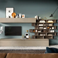 Parete attrezzata con libreria sospesa 345x164 cm argilla e bronzo PAL21