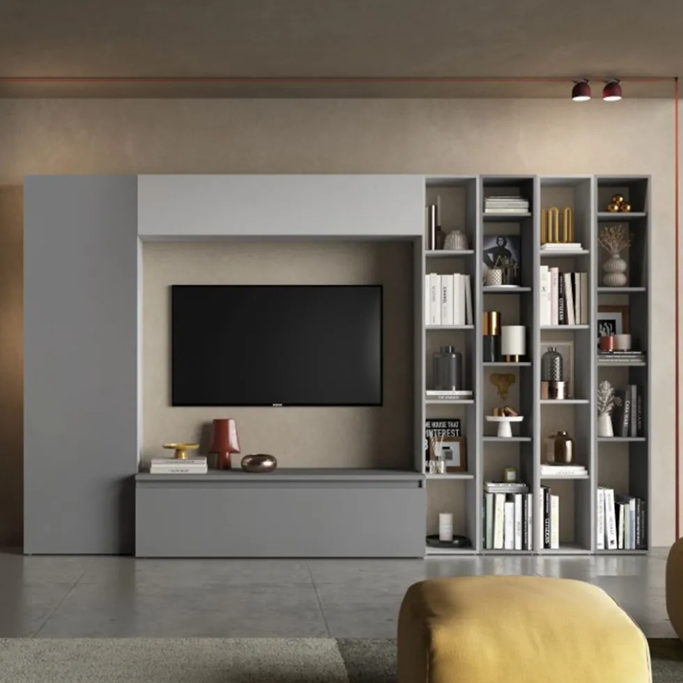 Parete attrezzata con libreria 305x186 cm grigio e grigio chiaro PAL19