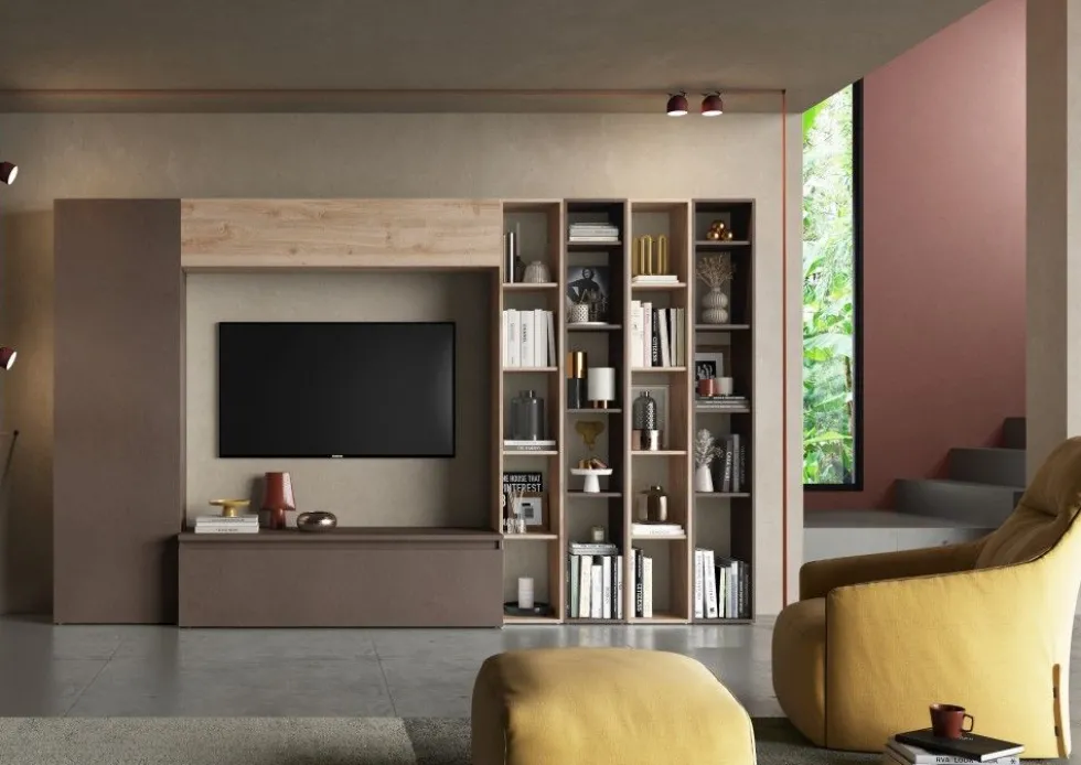 Parete attrezzata con libreria 305X186 cm bronzo e rovere PAL19