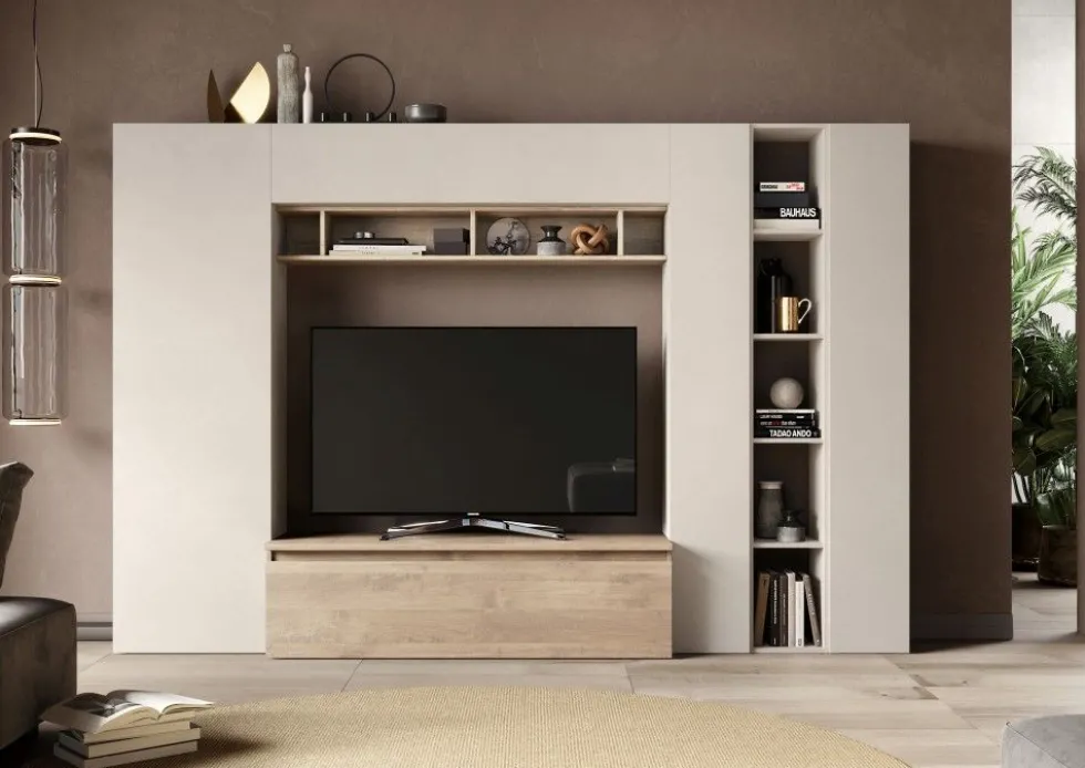 Parete attrezzata con libreria 277x186 cm rovere e beige PAL56