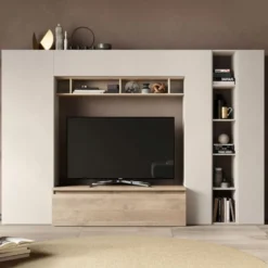 Parete attrezzata con libreria 277x186 cm rovere e beige PAL56