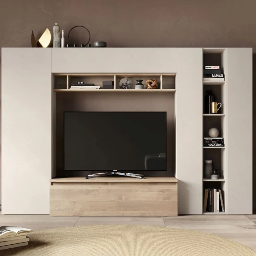Parete attrezzata con libreria 277x186 cm rovere e beige PAL56