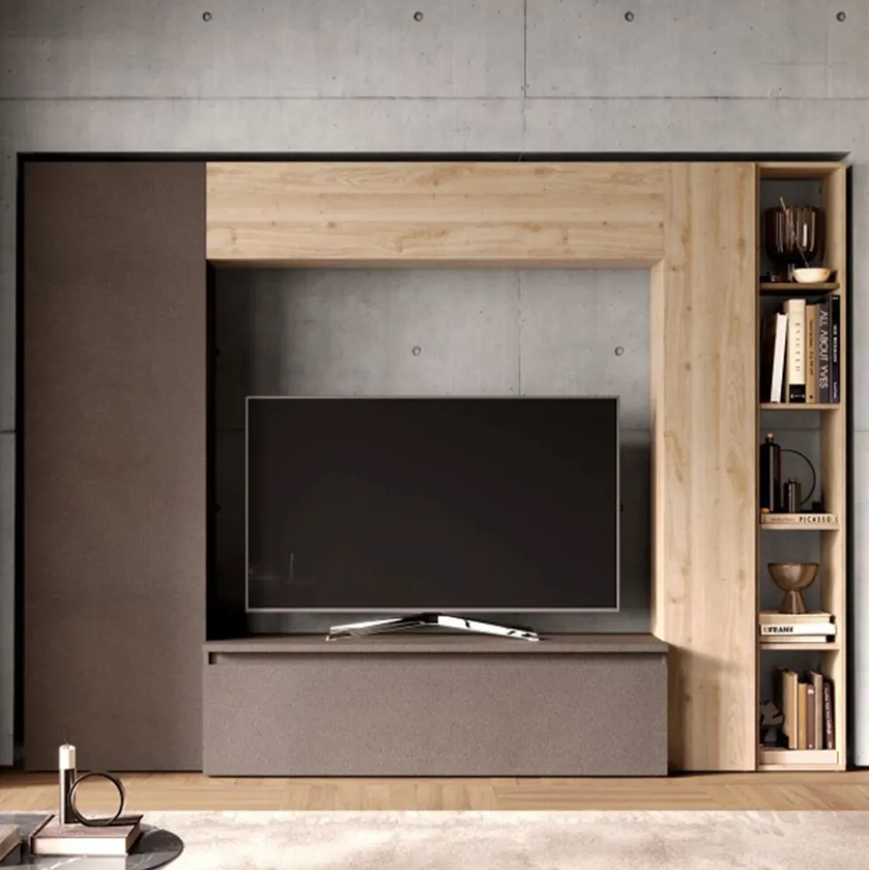 Parete attrezzata con libreria a colonna bronzo e rovere PAL18