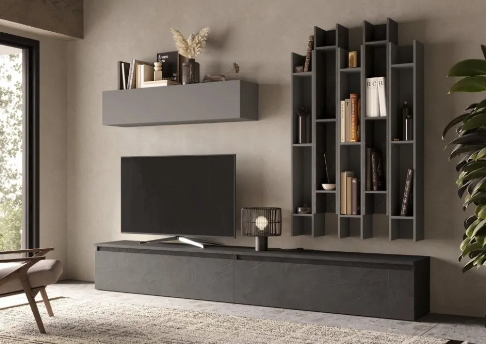 Parete attrezzata con libreria 276x200 cm grigio e piombo PAL38