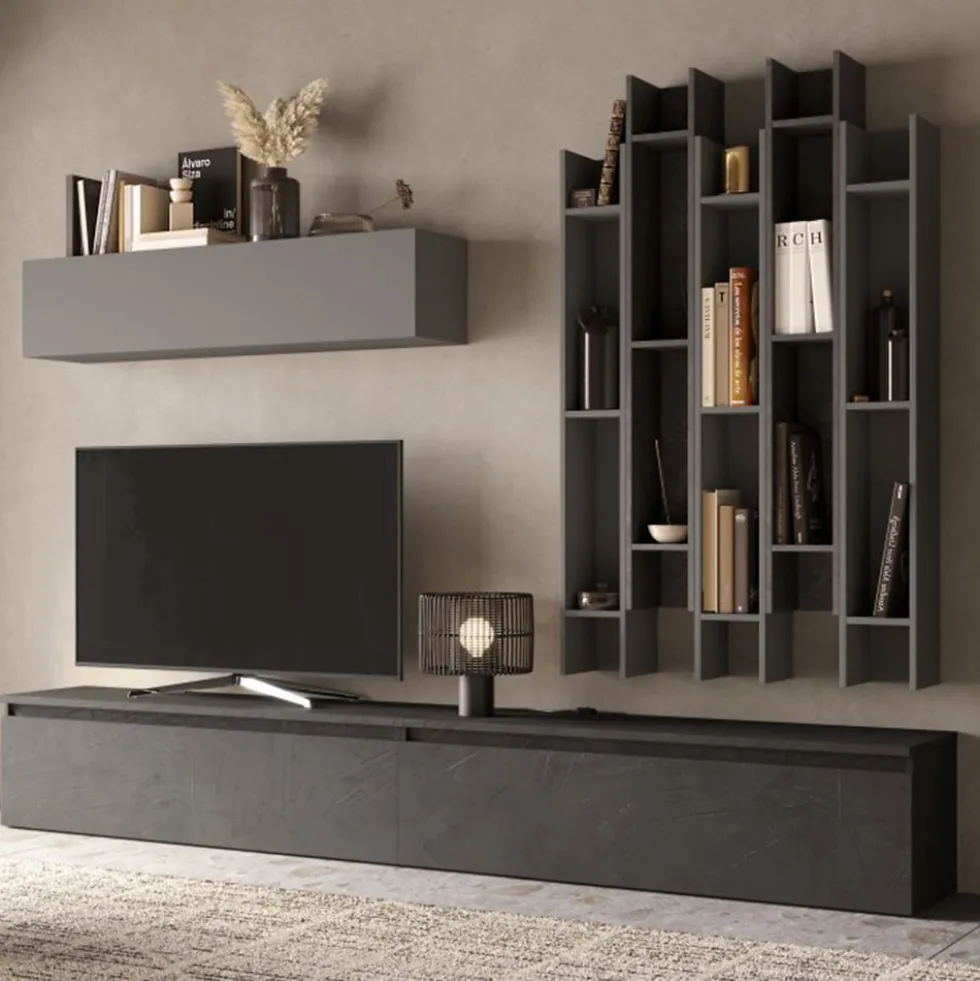 Parete attrezzata con libreria 276x200 cm grigio e piombo PAL38