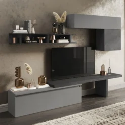 Parete attrezzata con mensola a terra 260x190 cm grigio e piombo PAL33