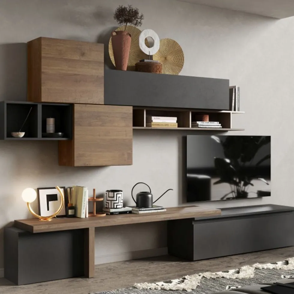 Parete attrezzata con vani e giorno 330x210 cm grafite e noce PAL36