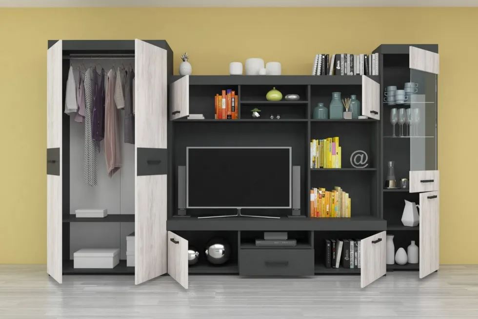 Parete attrezzata da soggiorno moderna con vetrinetta rovere bianco e grigio antracite SG30