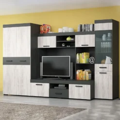 Parete attrezzata da soggiorno moderna con vetrinetta rovere bianco e grigio antracite SG30