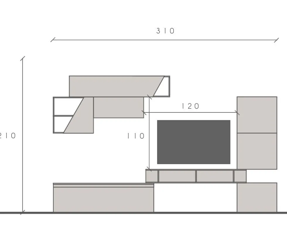 Parete attrezzata da soggiorno 310x210 cm bianco lucido e grigio chiaro PAL82