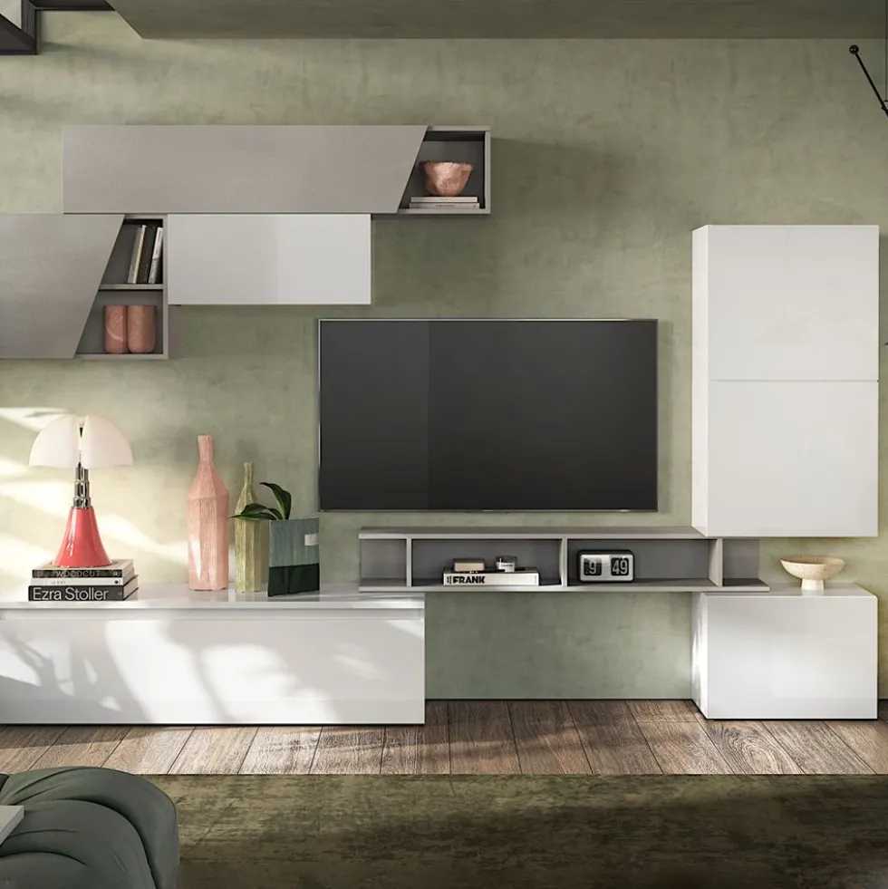 Parete attrezzata da soggiorno 310x210 cm bianco lucido e grigio chiaro PAL82