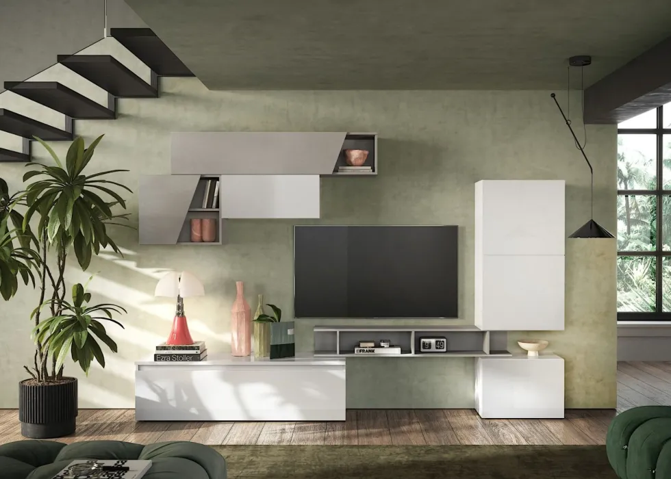 Parete attrezzata da soggiorno 310x210 cm bianco lucido e grigio chiaro PAL82