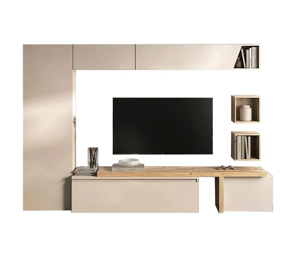 Parete attrezzata elegante per soggiorno 300x186 cm rovere e beige PAL77