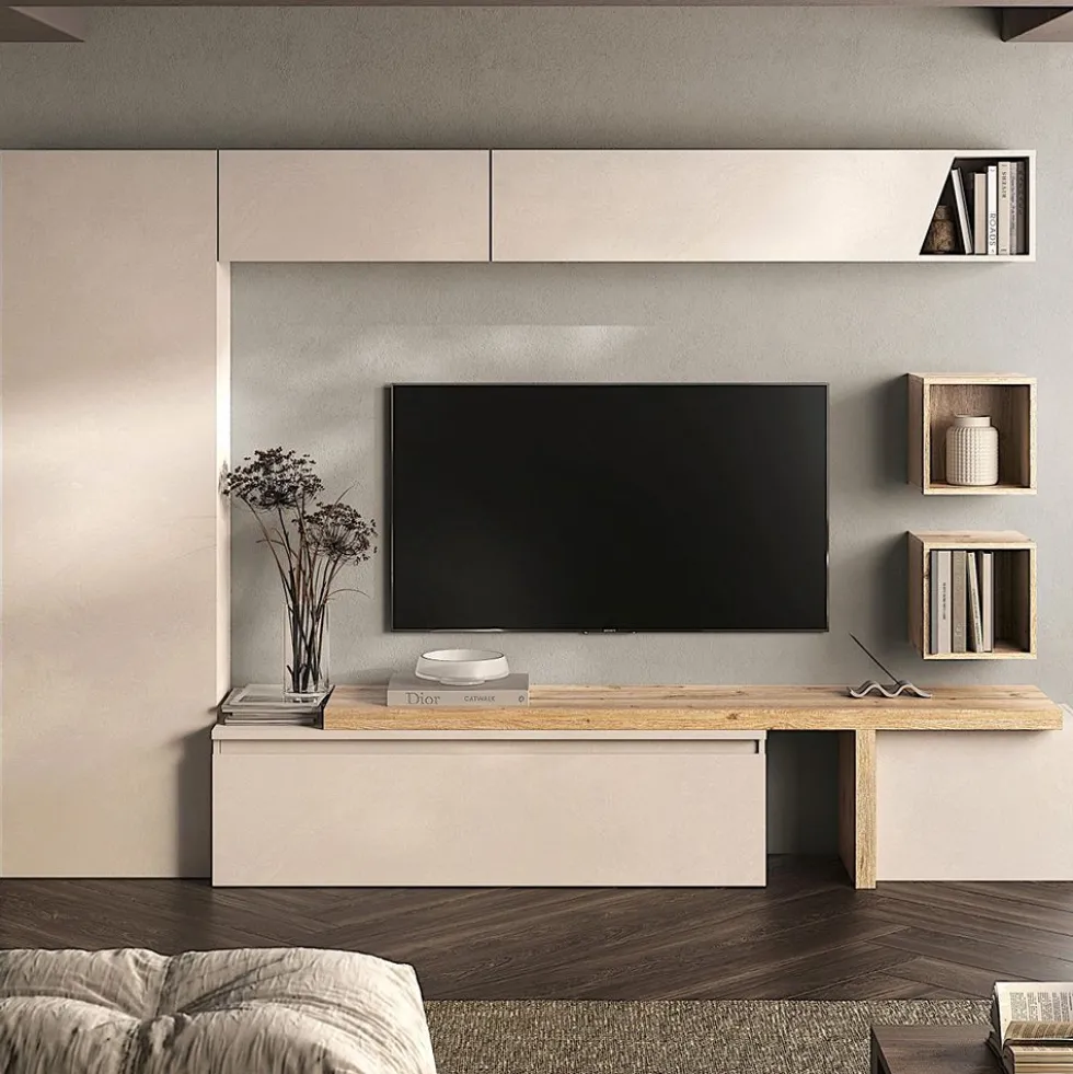 Parete attrezzata elegante per soggiorno 300x186 cm rovere e beige PAL77