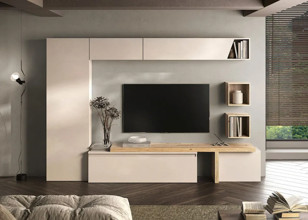 Parete attrezzata elegante per soggiorno 300x186 cm rovere e beige PAL77