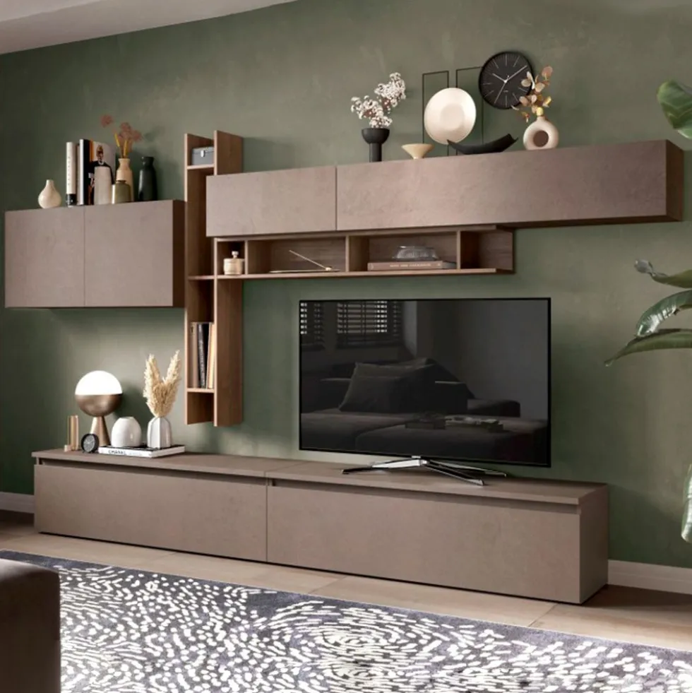 Parete attrezzata elegante 336x210 cm bronzo e noce PAL40