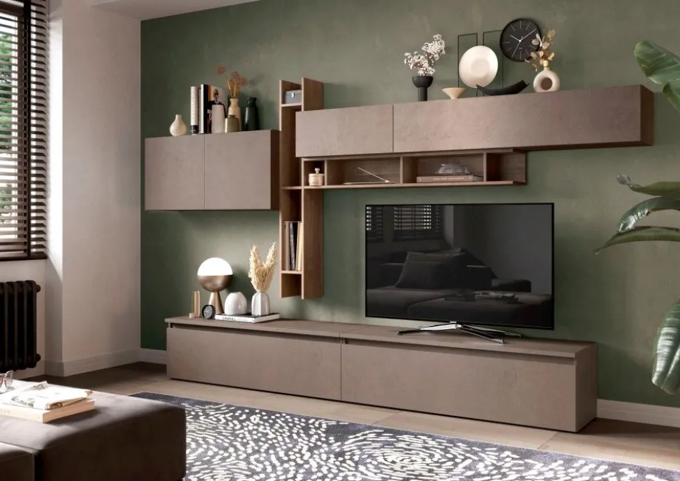 Parete attrezzata elegante 336x210 cm bronzo e noce PAL40