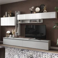 Parete attrezzata elegante 336x210 cm bianco lucido e grigio chiaro PAL40