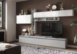 Parete attrezzata elegante 336x210 cm bianco lucido e grigio chiaro PAL40