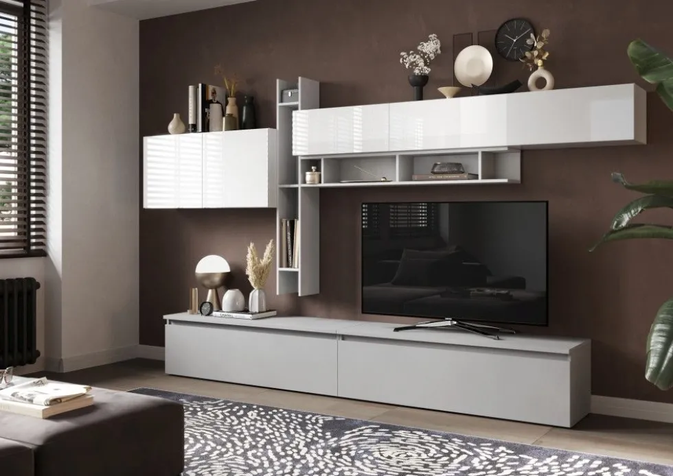 Parete attrezzata elegante 336x210 cm bianco lucido e grigio chiaro PAL40