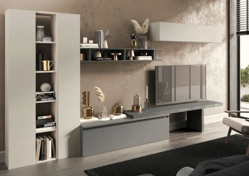 Parete attrezzata elegante 360x195 cm grigio, beige, piombo PAL58