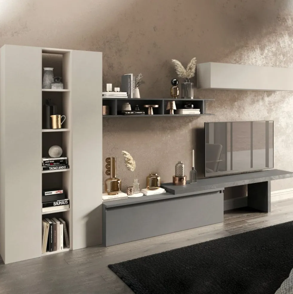 Parete attrezzata elegante 360x195 cm grigio, beige, piombo PAL58